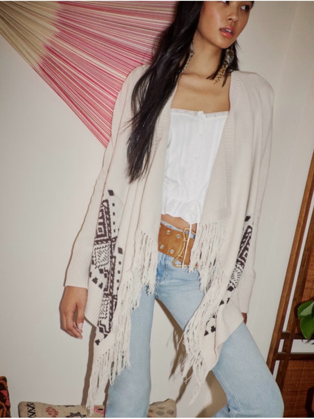 Hollister Cream Fringe Open-Front Poncho with Black Southwestern Pattern